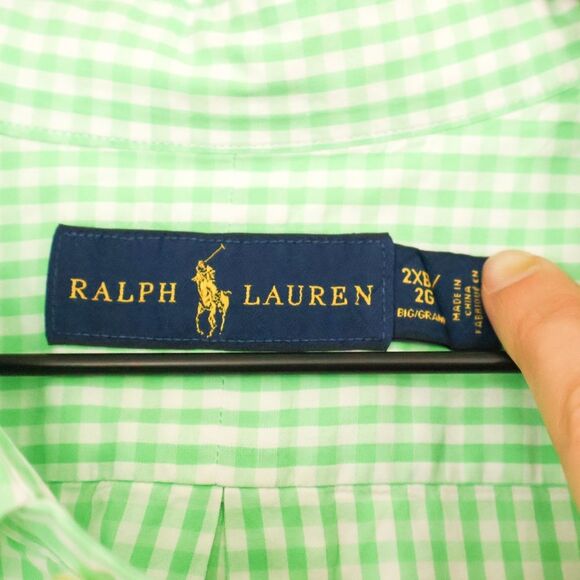 Ralph Lauren Men's Short Sleeve Gingham Button Down Shirt - 2XB, Green and White - Picture 4 of 7